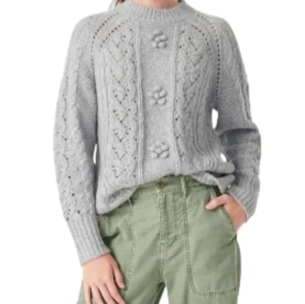 J. Crew Sweater Women's Medium Gray Pointelle Wool Alpaca Popcorn Flowers Winter